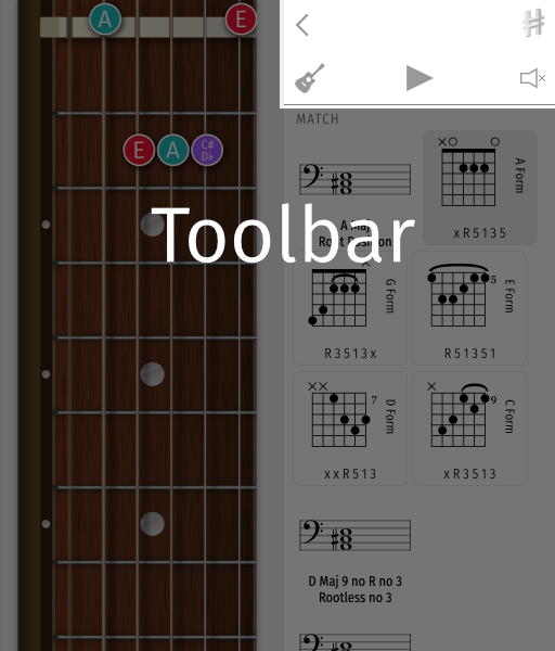 showing the big parts of the interactive fret search tool: Toolbar, Scrollable Search Results,and Scrollable Fretboard for Input & Output